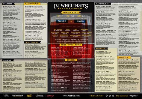 Pj whelihans menu - PJ Whelihan's menu. Serving Buffalo wings, awesome burgers, beer and cocktails in a fun sports bar atmosphere. Order your meal to Take Out with PJ's on the Go.